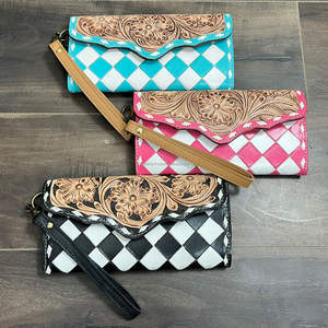 Cartera de Mano de Cuero con Diseño Floral Rosa y Cuadros, Hecha a Mano, con Protección RFID, Cartera Larga de Cuero Vacuno para Mujer, 2025 - Product Image 5