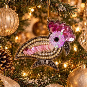 Décoration de Noël artisanale moderne en soie brodée de perles et de sequins Zari, design personnalisable, tissu multicolore drapé - Product Image 1