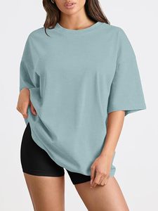 <b>Women's</b> Oversized Solid Crew Neck Short Sleeve Loose Fit 100% Cotton Jersey T-Shirt Spring Summer Breathable Casual <b>Top</b> - Product Image 3