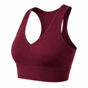 Women Racerback Sports Bra Solid <b>Maroon</b> V-Neck Medium Support Seamless Yoga Fitness Wear Spandex Polyester Breathable Quick Dry - Product Image 6