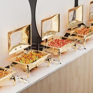 Elegante calentador de alimentos tipo buffet de acero inoxidable con acabado dorado y tapa, para catering, hoteles, banquetes y presentaciones. - Product Image 3