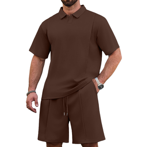 Men's Brown Polo Shirt & Shorts <b>Set</b> Solid Color Casual Summer Wear Breathable <b>Knitted</b> Cotton Outfit Tracksuits For Men's - Product Image 1