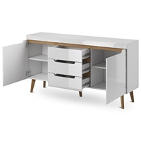 Buffet moderne en bois massif de style nordique Newry avec 3 tiroirs et 2 portes, style scandinave du milieu du siècle, pieds coniques, armoire de salon