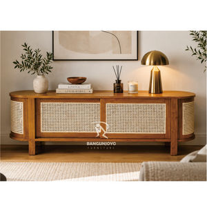 Mueble de TV Moderno de Madera con Panel de Ratán, Mueble de Salón con Almacenamiento, Diseño de Mediados de Siglo - Product Image 1