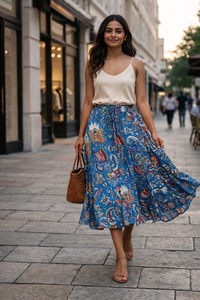 Boho Floral Print Layered Frill Midi <b>Skirt</b> for Women, <b>Elastic</b> Waistband Cotton Tiered Gadder <b>Skirt</b>, High Making Masterpiece - Product Image 2