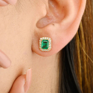14K White Gold Emerald Cut Diamond <b>Halo</b> Stud <b>Earrings</b>-Timeless Wedding Jewelry - Product Image 1