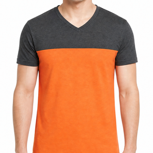 Camiseta Premium para Hombre con Cuello en V y Bloques de Color Naranja y Gris, Manga Corta, Corte Regular, Diseño Sólido - Product Image 2