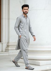<b>Men</b> Cotton <b>Kurta</b> Pajama Set Gray Ankle-Length Regular Fit Traditional Casual Wear India Pakistan Style - Product Image 2