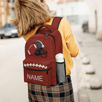 Mochila de fútbol americano roja con diseño de casco y balón, nombre personalizado, uso escolar, resistente al agua, para todas las estaciones