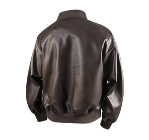 Men's Brown Leather Bomber <b>Jacket</b> Stand Collar Zipper Closure <b>Casual</b> Autumn Wear Regular Fit Solid Color - Product Image 3