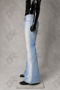 Medium Wash Breathable Lightweight <b>Flare</b> <b>Jeans</b> <b>Men</b> High Waist Loose Fit Vintage Bell Bottom Woven Denim Pants Casual Streetwear - Product Image 2