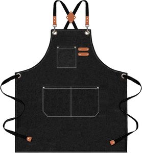 Unisex Adult <b>Black</b> Cross Back <b>Apron</b> Leather Accents Multiple Pockets for Kitchen Cooking Baking OEM Brand Made Pakistan - Product Image 1