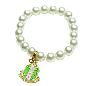 AKA White Pearl <b>Bracelet</b> with Gold Shield Charm Elegant <b>Beaded</b> Wrist Jewelry Women Fashion Accessory for Special Events - Product Image 1