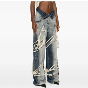 Jean large à lacets pour femme, en denim déchiré, style streetwear, avec détails en dentelle, taille haute, coupe baggy, jambe évasée - Product Image 5