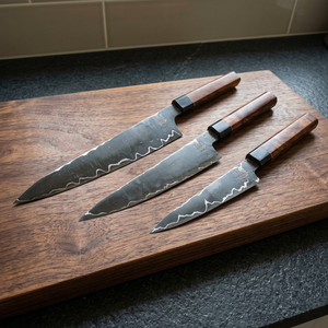 Customized Industrial Grade Carbon Steel Chef Set with Rose Wood Handle High Carbon 1095 Blades (3 <b>Knives</b>) Razor <b>Sharp</b> - Product Image 1