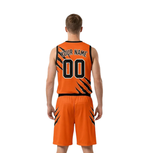 Ensemble d'uniformes de basketball personnalisés pour hommes, orange et noir, maillot sans manches à col en V, short, imprimé griffes et coupures, numéros d'équipe, kit d'équipe en gros - Product Image 2