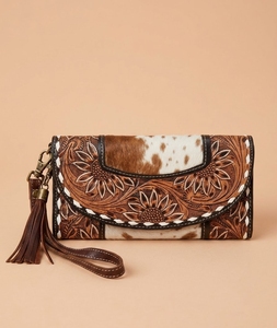 Cow Pattern Sunflower Clutch <b>Wallet</b> <b>Leather</b> Look Foldover Checkbook Case with Tassel for Women - Product Image 1