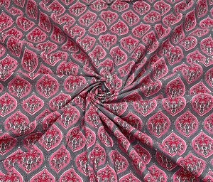 Eco-Friendly Grey Pink Mughal Buta Hand Block Print Cotton <b>Fabric</b> Indian Sanganeri Girls Dress Sewing Textile by Yard - Product Image 1