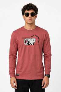 <b>Men's</b> <b>Long</b> <b>Sleeve</b> T-<b>Shirt</b> Pure Cotton O-Neck Solid for <b>Red</b> Regular Fit Casual Front Logo Breathable - Product Image 2