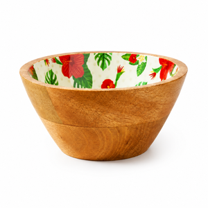 Bol à salade en bois de manguier artisanal de qualité supérieure avec intérieur en émail floral |   Bol de service décoratif pour fruits, collations, cuisine, salle à manger - Product Image 1