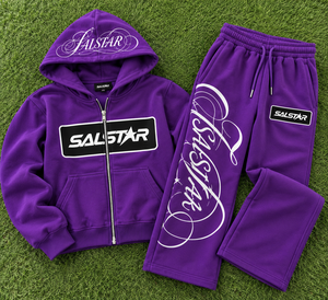 Wholesale <b>Women</b> Custom Logo <b>Purple</b> <b>Tracksuit</b> Set, Oversized Zip Up Hoodie with Wide Leg Sweatpants, OEM Streetwear Apparel - Product Image 6