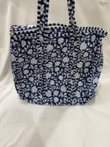 Silkgram Blue Floral Pattern 100% Cotton Textile Shopping <b>Bag</b> with Zipper Closure Long Handle <b>Medium</b> <b>Size</b> Daily Use Rajasthan - Product Image 1