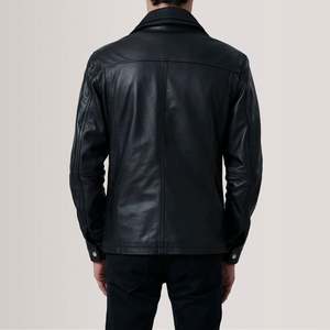 Men's <b>Black</b> Genuine Leather Biker Jacket Stand Collar Zipper Closure Regular Fit Solid Color Casual Winter Wear Hooded - Product Image 5