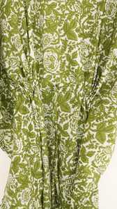 Robe kaftan en coton vert olive imprimée à la main avec cordon de serrage à la taille, idéale pour l'été - Product Image 3