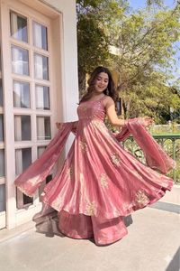 NILESH TAILOR FASHION Floor-Length V-Neck Full Sleeve Woven for Satin Heavy Fabric Floral Pattern <b>Elastic</b> Work <b>Dress</b> - Product Image 5