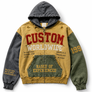Sweat à capuche zippé vintage personnalisé, effet vieilli, coupe oversize, en coton épais 400 GSM, style streetwear, avec patch chenille, color block, unisexe, avec poche - Product Image 1
