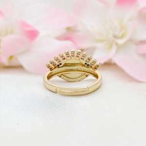 Bague ajustable en argent 925 plaqué or avec émail et zircone cubique multicolore motif œil porte-bonheur, bijoux fins Memoria Jewels - Product Image 3