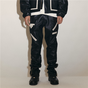 Pantalon cargo Y2K en molleton évasé à taille mi-haute pour homme, style hip-hop, en similicuir, avec cordon de serrage et revers, idéal pour l'hiver - Product Image 3