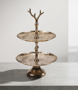 Modern Gold Metal 2 <b>Tier</b> <b>Cake</b> <b>Stand</b> Luxury Deer Antler Handle Hammered Dessert Display Cupcake Holder Table Decor - Product Image 2