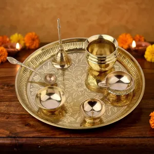 Juego de Thali de Metal Premium para Pooja con Grabado Floral Intrincado, Bandeja Redonda Dorada para Oración con Campana Decorativa y Cuencos Kalash - Product Image 2