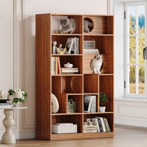 Moderna estantería 2 en 1 de madera marrón con casa para gatos, vitrina y caja de arena con estante para trepar - Product Image 3