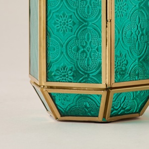 Signature <b>Gold</b> Metal Moroccan <b>Lantern</b> with Teal Embossed Glass Decorative Candle Holder for Ramadan Home Table Decor - Product Image 5