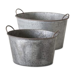 Rustic Galvanized Metal Planters Set Of 3 Oval <b>Container</b> For Garden Flower Green Plant Decorative Outdoor Use - Product Image 2