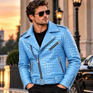 Men's Blue for Embossed Leather Biker <b>Jacket</b> | Breathable <b>Vintage</b> Winter <b>Motorcycle</b> <b>Jacket</b> Belt Zipper Pockets Lapel - Product Image 2