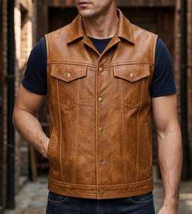 Modern <b>Retro</b> Brown Genuine Leather Vest for Men Premium Sleeveless Western Biker <b>Jacket</b> with Classic Button Front - Product Image 3
