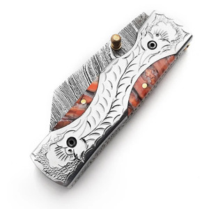 Couteau pliant en acier Damas avec gravure sur le dos, manche en résine orange, couteau de poche pour la chasse et le camping, fabricant - Product Image 5