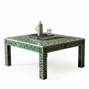Mesa de centro clásica verde con incrustaciones de hueso, mesa central cuadrada de madera personalizada con un adorno floral elaborado para decoración del hogar, hoteles y villas. - Product Image 1