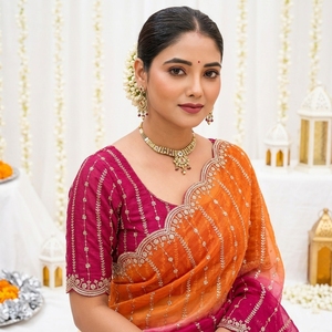 Sari indien traditionnel en soie, orange et rose, brodé, protection solaire, coupe ample, pour mariage, longueur ras du sol, ethnique, pour femme - Product Image 2