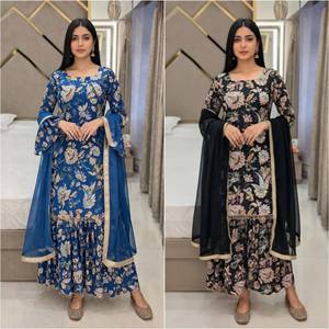 Newly Launched <b>Kurti</b> And Sharara Set With Dupatta in Floral Digital Prints And Stone Work For Party Wedding India Bulk Export - Product Image 6