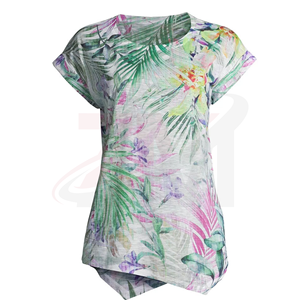 Camiseta Casual para Mujer con Estampado de Palmeras Tropicales y Adornos de Pedrería, Corte Regular, Primavera Verano, Tejido de Poliéster - Product Image 3