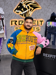 Sweat à capuche zippé surdimensionné personnalisé pour homme, en molleton épais, avec patchwork, graphisme en strass et patchs sur les manches, style streetwear - Product Image 3