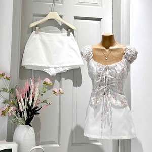 Ladies Sweet Floral Print Lace Up Blouse with High Waist Skort 2 Piece <b>Set</b> Casual Summer Wear - Product Image 1