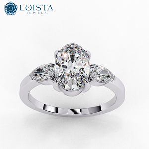 lab grown diamond oval <b>solitaire</b> engagement <b>ring</b> for women <b>silver</b> & Gold side stone custom lab created diamond jewelry - Product Image 1