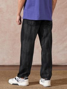 Jean en denim 100 % coton pour homme, coupe ample, taille mi-haute, jambe large, couleur unie, délavé foncé, écologique, décontracté, pour l'automne - Product Image 2