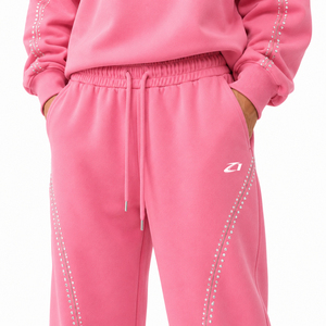 Wholesale Men's <b>Pink</b> Rhinestone Trim Tracksuit Set 2PC Crewneck <b>Sweatshirt</b> Wide Leg Pants Cotton Fleece Custom Logo Manufacturer - Product Image 4
