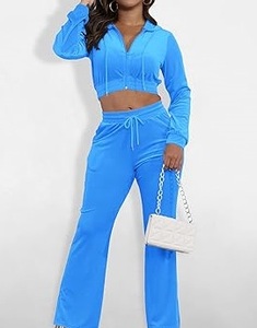 Wholesale Track Suit For Women Sexy Clubwear Breathable Baggy Joggers Set Crop Top Womens Zip Up <b>Velour</b> Velvet <b>Tracksuits</b> Set - Product Image 2